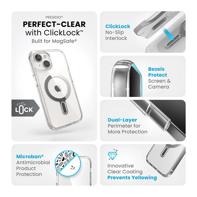 Speck Presidio Perfect-Clear ClickLock & Magsafe – dėklas, skirtas „iPhone 16e“ / „iPhone 15“ / „iPhone 14“ / „iPhone 13“ („Clear“ / „Chrome Finish“ / „Serene Silver“)