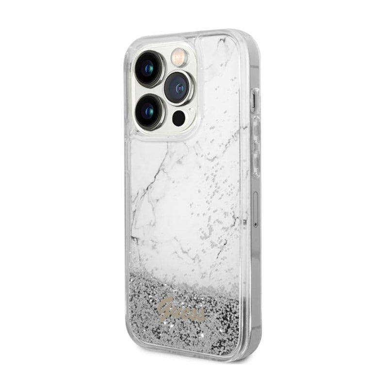 Guess Liquid Glitter Marble – dėklas, skirtas iPhone 14 Pro (baltas)