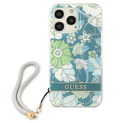 Guess Flower Cord – „iPhone 13 Pro“ dėklas su dirželiu (žalias)