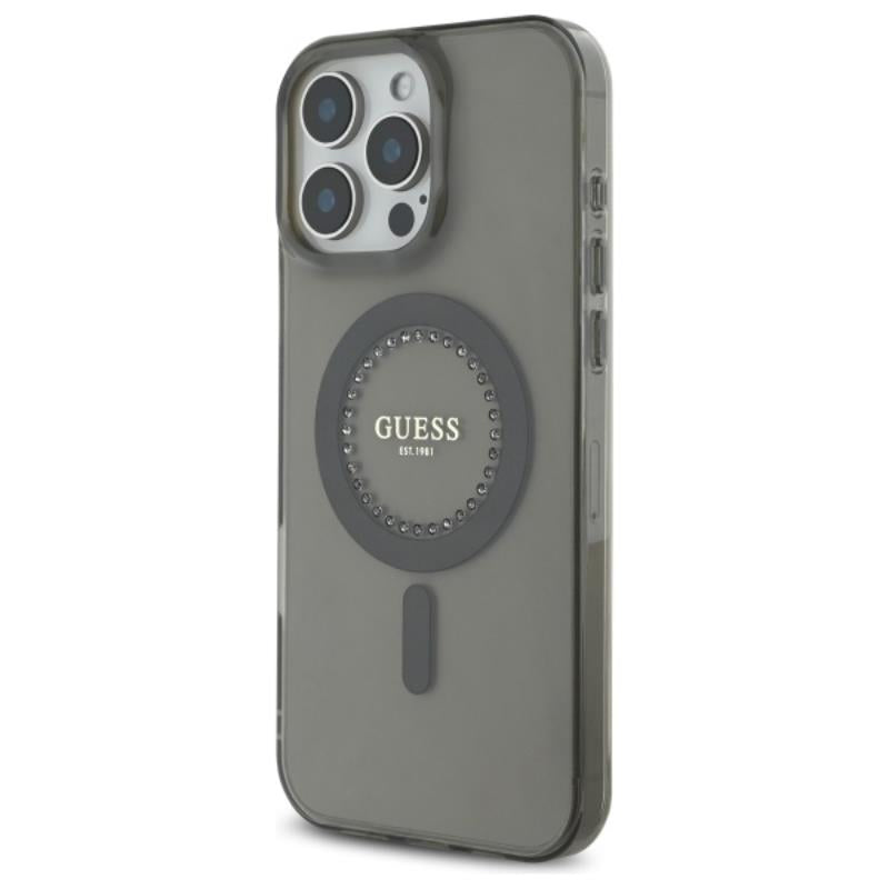 Guess IML Rhinestones MagSafe – dėklas skirtas iPhone 16 Pro Max (juodas)