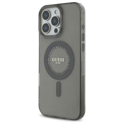 Guess IML Rhinestones MagSafe – dėklas skirtas iPhone 16 Pro Max (juodas)