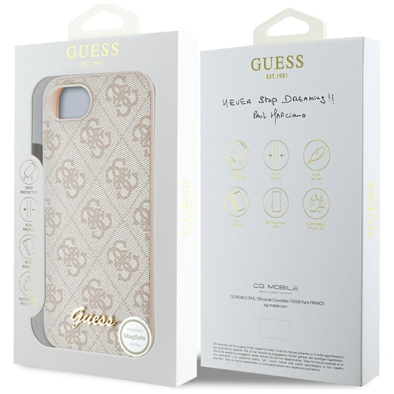 Guess 4G Script Logo MagSafe dėklas, skirtas iPhone 16e (rožinis)