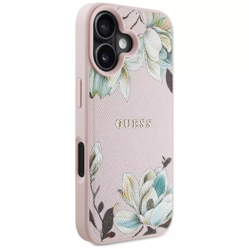 Guess Grained Printed Flower Pattern MagSafe - dėklas iPhone 16 (rožinis)