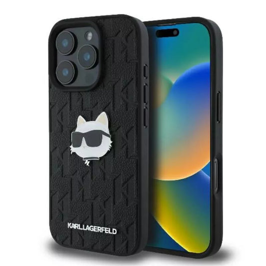 Karl Lagerfeld Monogram Choupette galvutės segtukas – dėklas, skirtas iPhone 16 Pro (juodas)