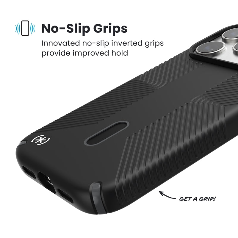 Speck Presidio2 Grip ClickLock ir MagSafe dėklas, skirtas iPhone 17 Pro Max (juoda / pilka / balta)