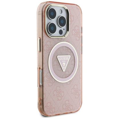 Guess IML Metal Glitter 4G apskritimas trikampis MagSafe – dėklas skirtas iPhone 16 Pro (rožinis)