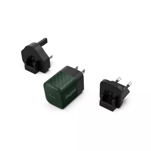 Energizer Ultimate – Universalus GaN 20W PD tinklo įkroviklis su EU/UK/US kištukais (Žalias)