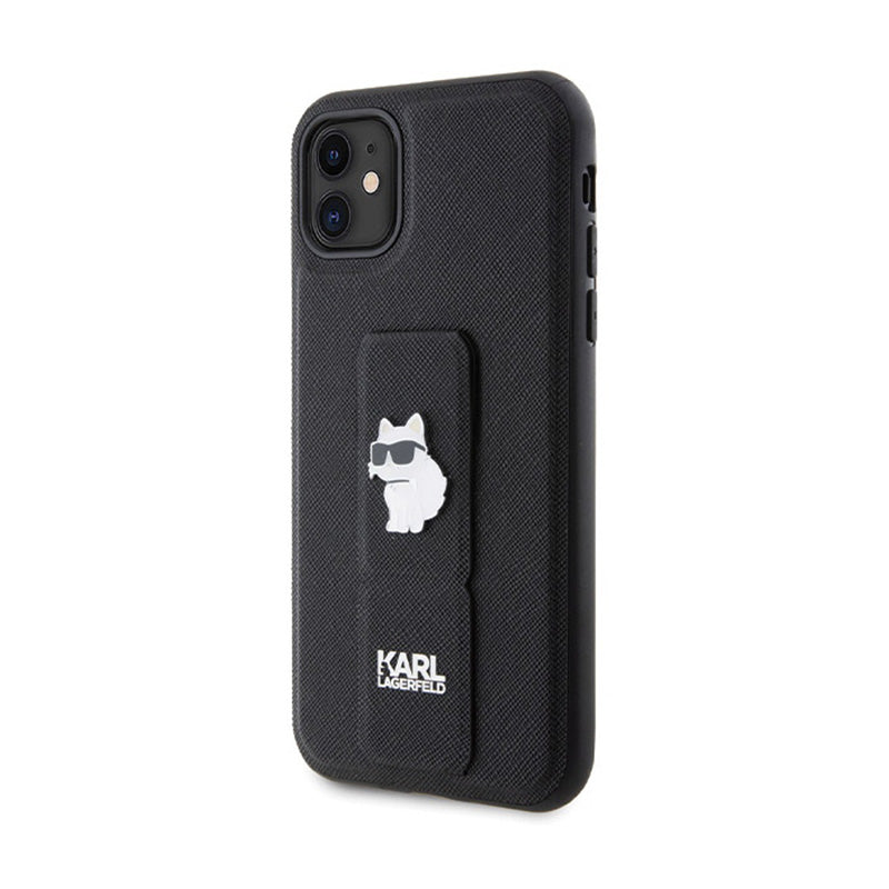 Karl Lagerfeld Gripstand Saffiano Choupette Pins – „iPhone 11“ dėklas (juodas)