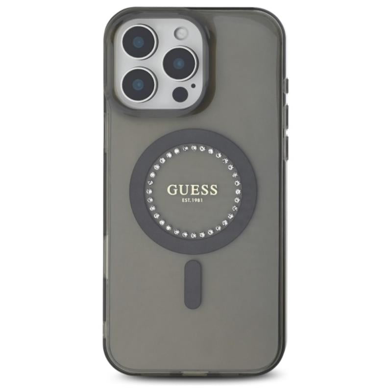 Guess IML Rhinestones MagSafe – dėklas skirtas iPhone 16 Pro Max (juodas)