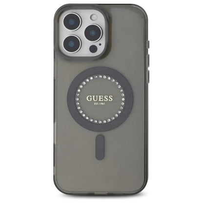 Guess IML Rhinestones MagSafe – dėklas skirtas iPhone 16 Pro Max (juodas)