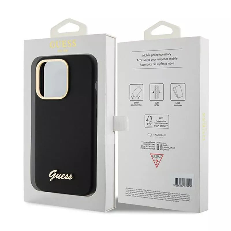 Guess Silicone Script Metal Logo & Frame – iPhone 15 Pro dėklas (juodas)