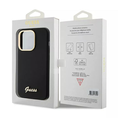 Guess Silicone Script Metal Logo & Frame – iPhone 15 Pro dėklas (juodas)