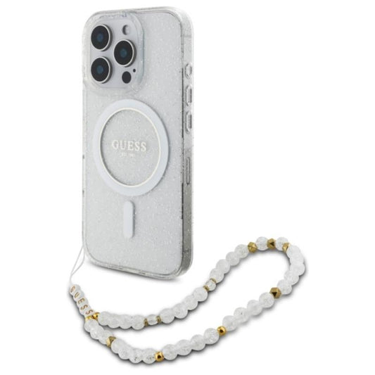 Guess IML Glitter With Pearl Strap MagSafe – dėklas, skirtas iPhone 16 Pro (skaidrus)