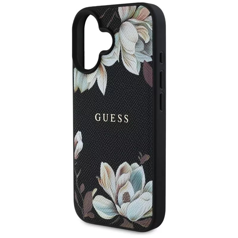 Guess Grained Printed Flower Pattern MagSafe - dėklas iPhone 16 (juodas)
