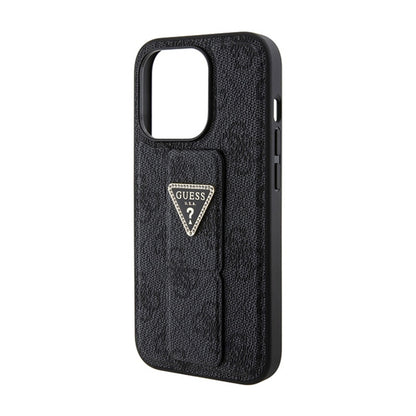 Guess Grip Stand 4G Triangle Strass Logo – iPhone 15 Pro Max dėklas (juodas)