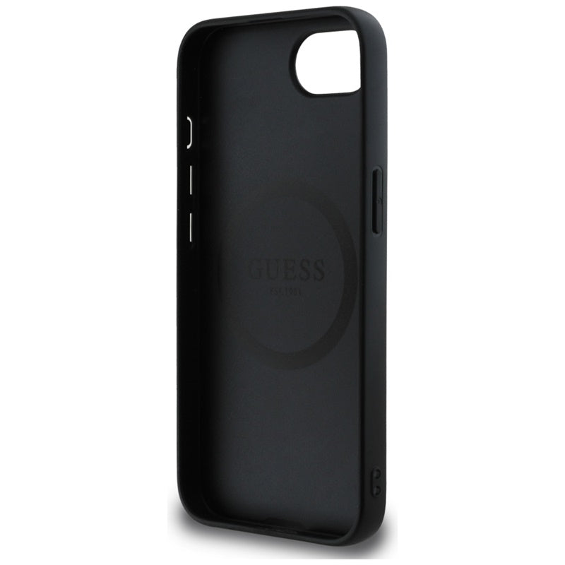 Guess Grained Triangle MagSafe - dėklas, skirtas iPhone 16e (juoda)