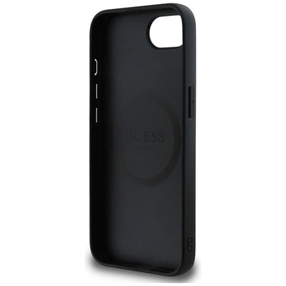 Guess Grained Triangle MagSafe - dėklas, skirtas iPhone 16e (juoda)