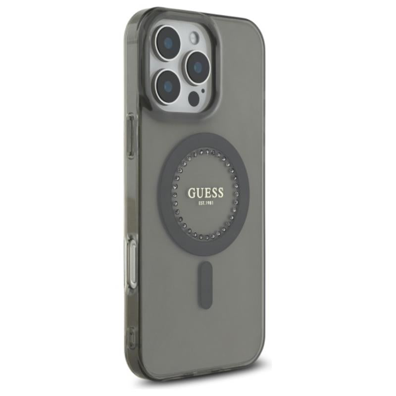 Guess IML Rhinestones MagSafe – dėklas skirtas iPhone 16 Pro Max (juodas)
