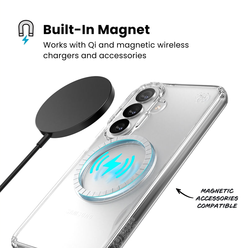 Speck Presidio Perfect-Clear Magnet – Samsung Galaxy S26 dėklas su MagSafe (Skaidrus/Skaidrus/Sidabrinis)