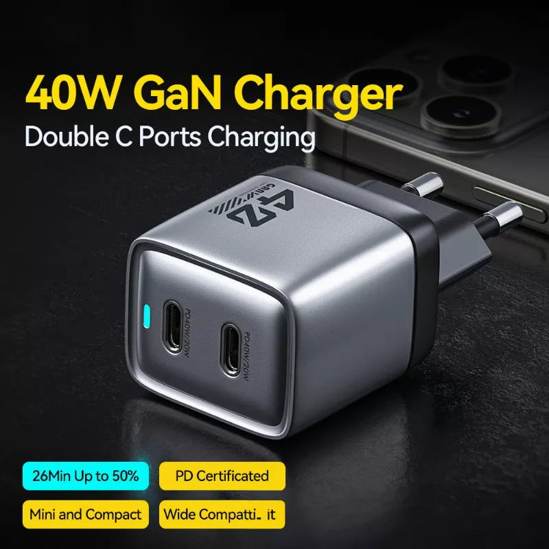 WEKOME WP-U02 Mecha Series – 2x USB-C Super Greito Įkroviklio GaN 40W tinklo įkroviklis (sidabrinis)