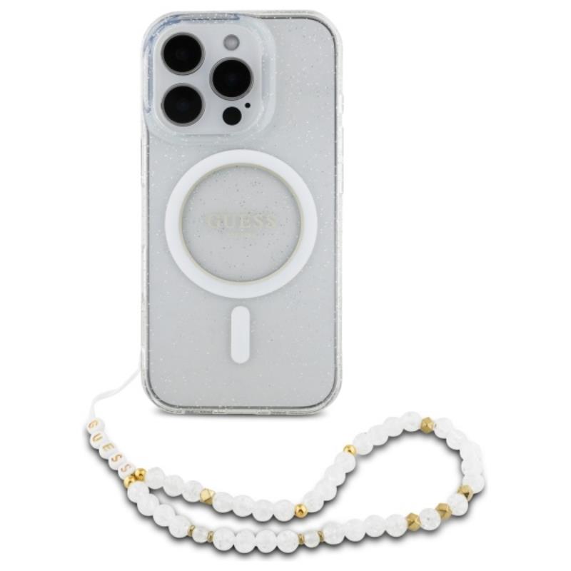 Guess IML Glitter With Pearl Strap MagSafe – dėklas, skirtas iPhone 16 Pro (skaidrus)