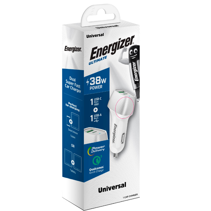 Energizer Ultimate - USB-C ir USB-A 38W PD + QC3.0 automobilinis įkroviklis (baltas / sidabrinis)