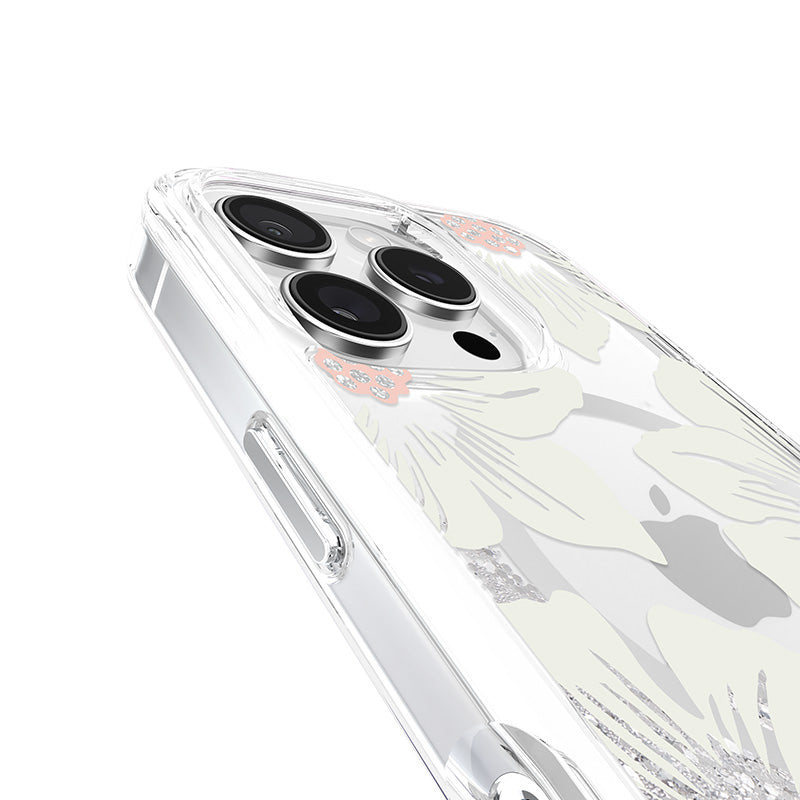 Kate Spade New York skystas blizgučiai MagSafe – dėklas, skirtas iPhone 16 Pro (Hollyhock gėlių)