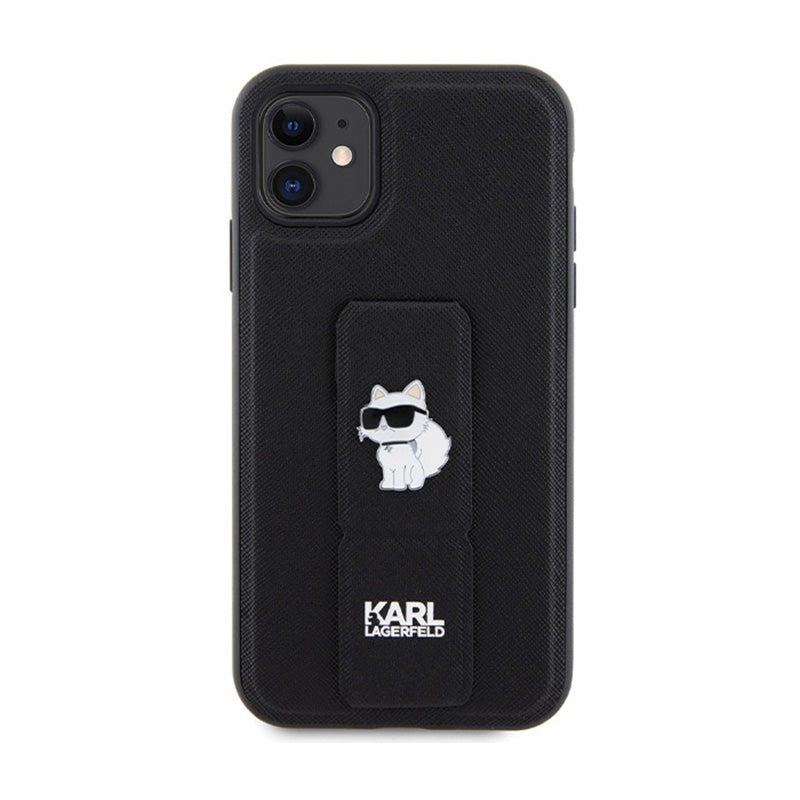 Karl Lagerfeld Gripstand Saffiano Choupette Pins – „iPhone 11“ dėklas (juodas)