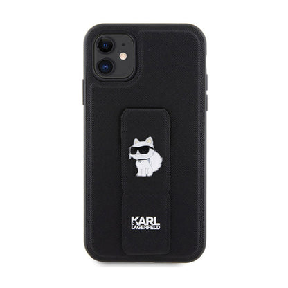 Karl Lagerfeld Gripstand Saffiano Choupette Pins – „iPhone 11“ dėklas (juodas)