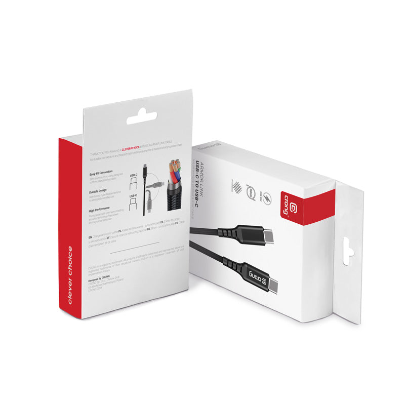 Crong Armor Link – USB-C prie USB-C 60W pintas kabelis, Power Delivery greitas įkrovimas, 150 cm (juodas)