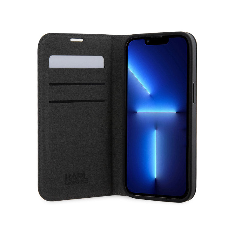 Karl Lagerfeld Booktype Saffiano Monogram – dėklas, skirtas iPhone 14 (pilkas)