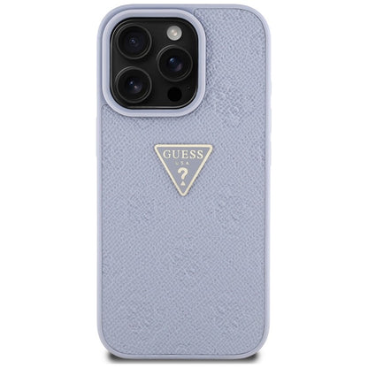 Guess karšto štampavimo 4G rašto dėklas su trikampiu metaliniu logotipu – skirta iPhone 16 Pro Max (violetinė)