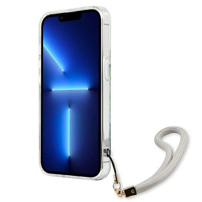 Guess Flower Cord – „iPhone 13 Pro“ dėklas su dirželiu (žalias)