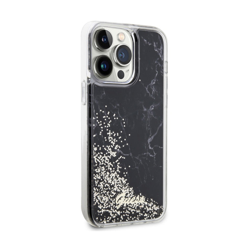 Guess Liquid Glitter Marble – dėklas, skirtas „iPhone 14 Pro Max“ (juodas)
