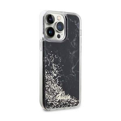 Guess Liquid Glitter Marble – dėklas, skirtas „iPhone 14 Pro Max“ (juodas)