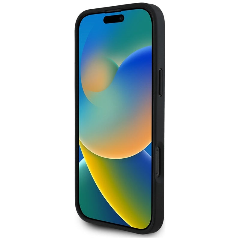 Guess Grūdėtas spausdintas gėlių raštas MagSafe dėklas iPhone 16 Pro (juodas)