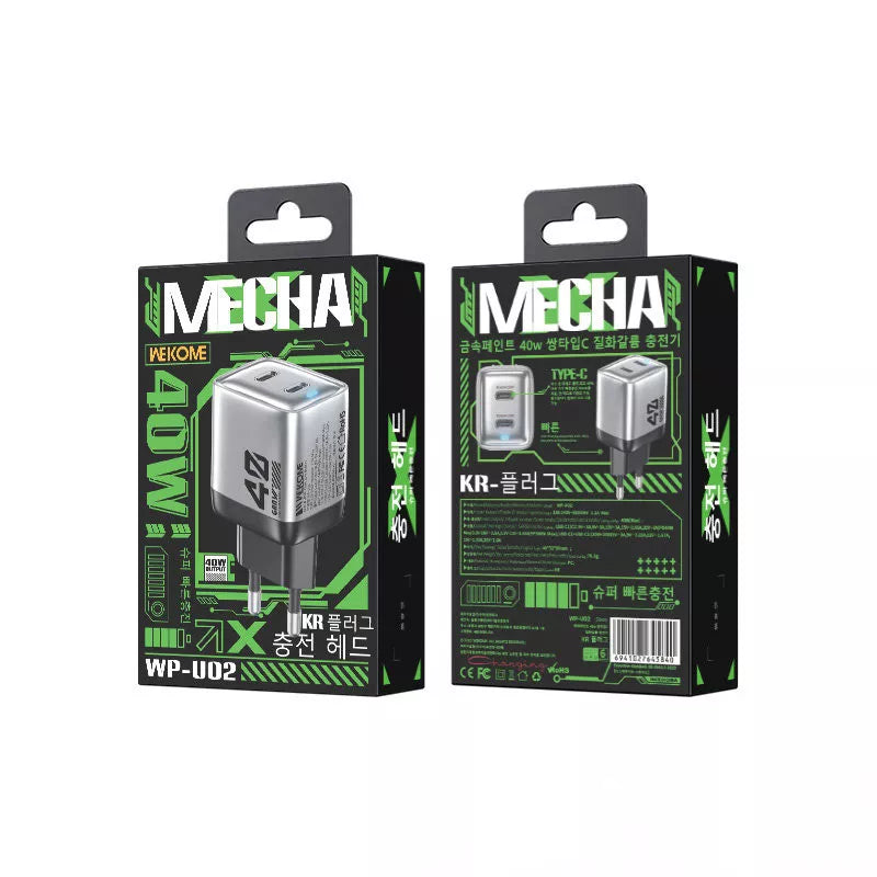 WEKOME WP-U02 Mecha Series – 2x USB-C Super Greito Įkroviklio GaN 40W tinklo įkroviklis (sidabrinis)