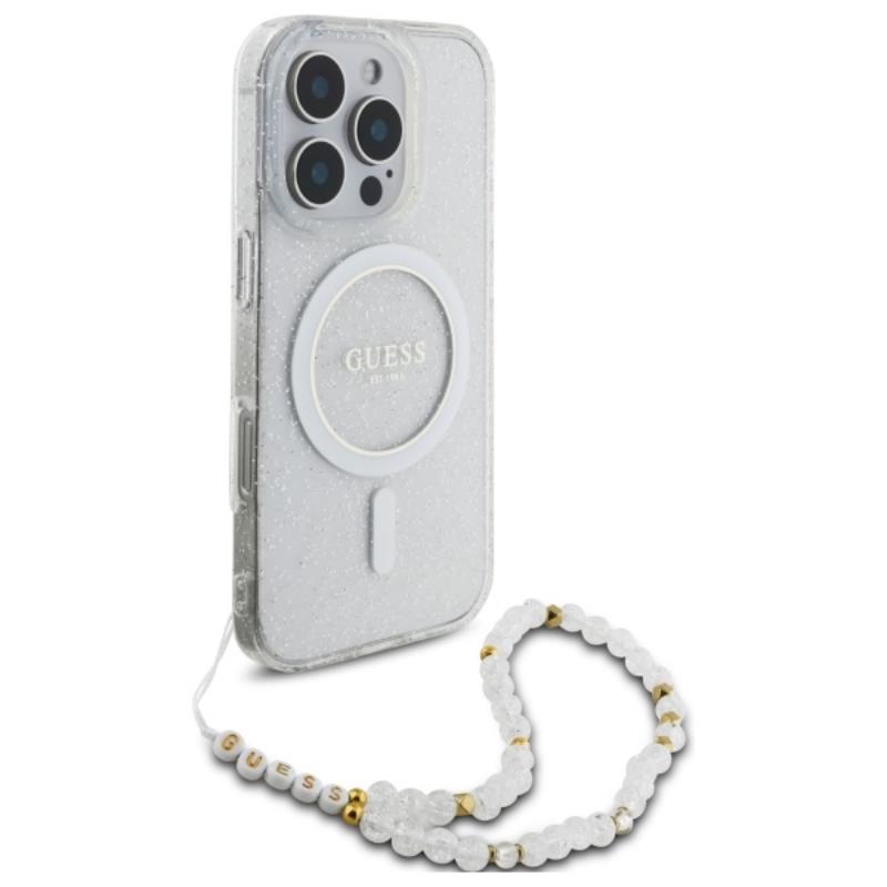 Guess IML Glitter With Pearl Strap MagSafe – dėklas, skirtas iPhone 16 Pro (skaidrus)