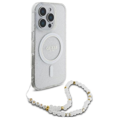Guess IML Glitter With Pearl Strap MagSafe – dėklas, skirtas iPhone 16 Pro (skaidrus)