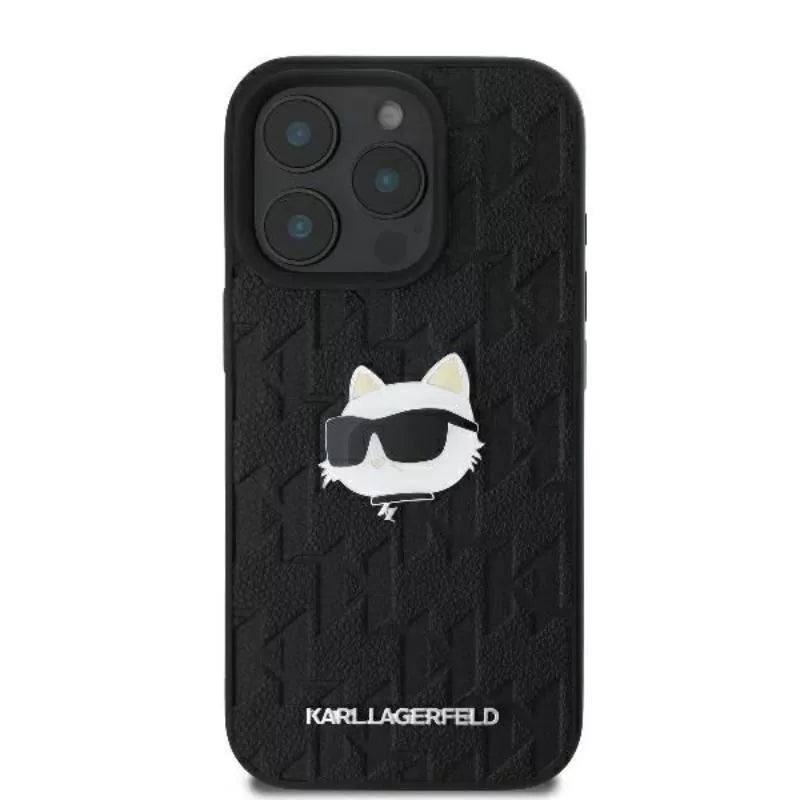 Karl Lagerfeld Monogram Choupette galvutės segtukas – dėklas, skirtas iPhone 16 Pro (juodas)