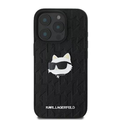 Karl Lagerfeld Monogram Choupette galvutės segtukas – dėklas, skirtas iPhone 16 Pro (juodas)