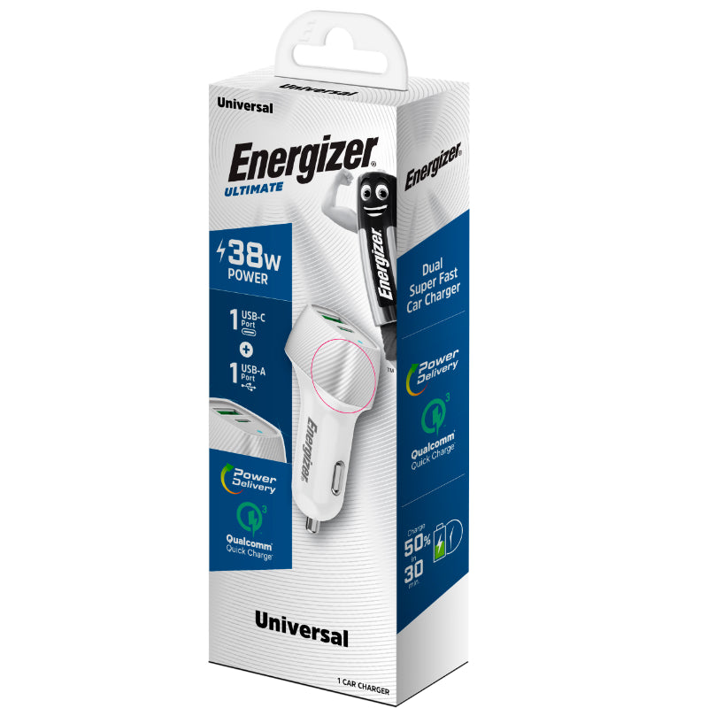 Energizer Ultimate - USB-C ir USB-A 38W PD + QC3.0 automobilinis įkroviklis (baltas / sidabrinis)