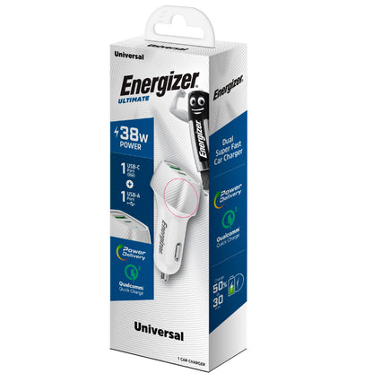 Energizer Ultimate - USB-C ir USB-A 38W PD + QC3.0 automobilinis įkroviklis (baltas / sidabrinis)