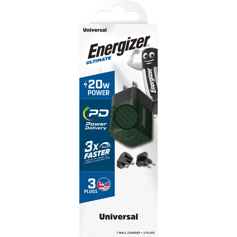 Energizer Ultimate – Universalus GaN 20W PD tinklo įkroviklis su EU/UK/US kištukais (Žalias)