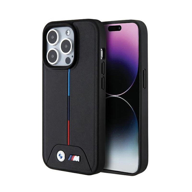 BMW Quilted Tricolor MagSafe – dėklas iPhone 15 Pro (juodas)