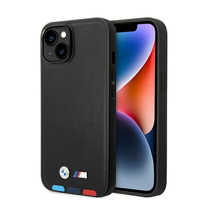 BMW Leather Hot Stamp Tricolor MagSafe - Dėklas, skirtas iPhone 14 Plus (juoda)