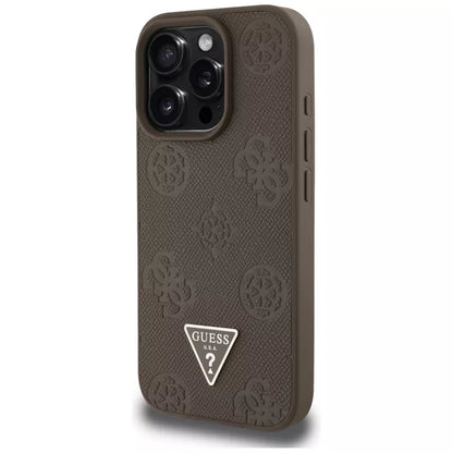 Guess Grained Hot Stamp Peony Triangle Logo MagSafe – dėklas, skirtas iPhone 16 Pro (rudas)