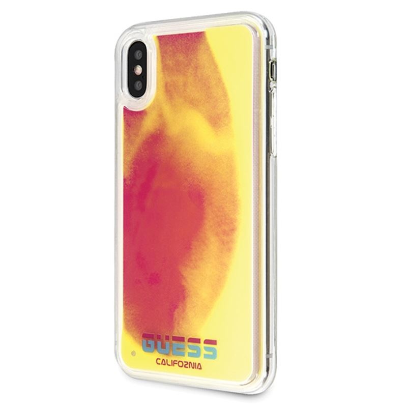 Guess Liquid Glitter Hearts – dėklas iPhone Xs / X (Švyti tamsoje / rožinė)