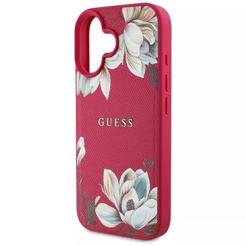 Guess Grained Printed Flower Pattern MagSafe – Dėklas iPhone 16 (fuksijos spalvos)