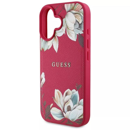 Guess Grained Printed Flower Pattern MagSafe – Dėklas iPhone 16 (fuksijos spalvos)